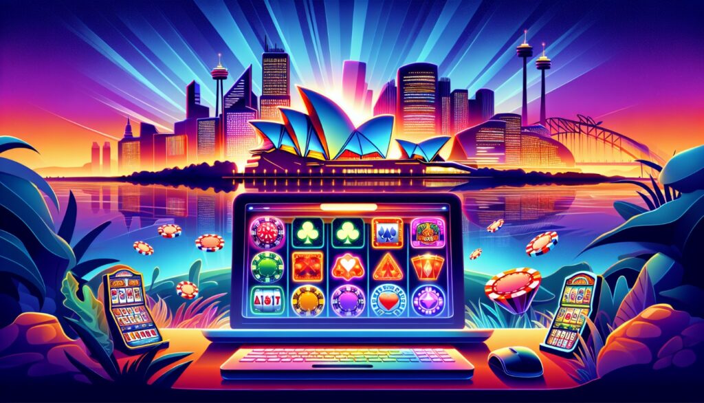 An illustration depicting the early days of online casinos in Australia, showcasing various gambling activities.