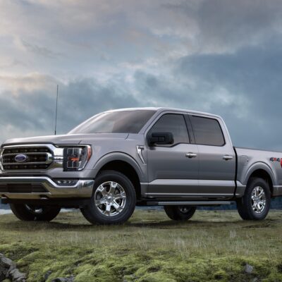Front three-quarter view of a silver Ford F-150 pickup parked on a grassy cliff edge under a cloudy sky with distant mountains.